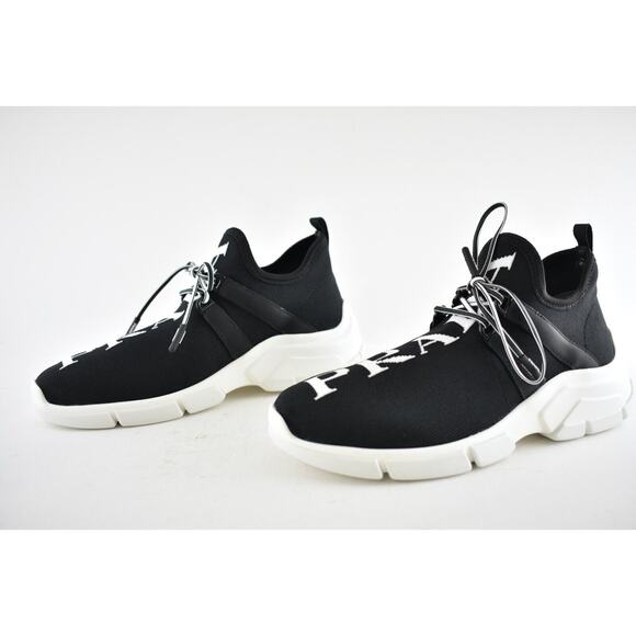 Prada XY Logo Sock Black White Knit Flat Lace Up Tie Pull On Trainer Sneaker 35 - Picture 10 of 12